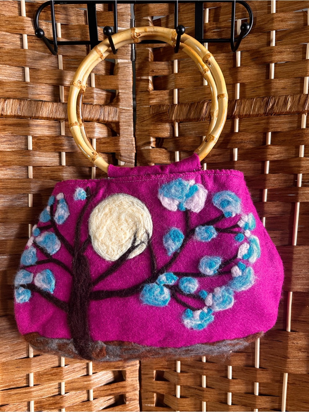 Handmade Felted Wool Purse Bamboo Handle Woodland Cottagecore Artisan Bag